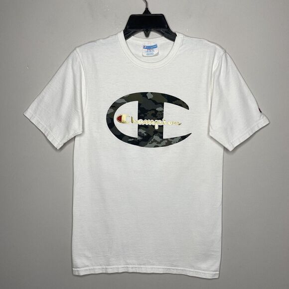 CHAMPION Mens White Big-C T-Shirt Small S Green Camouflage Logo - Picture 1 of 7